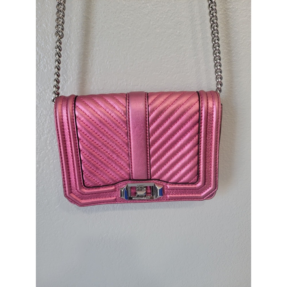 Rebecca Minkoff Small Love Crossbody Bag Pink Metallic Leather Quilted Chain